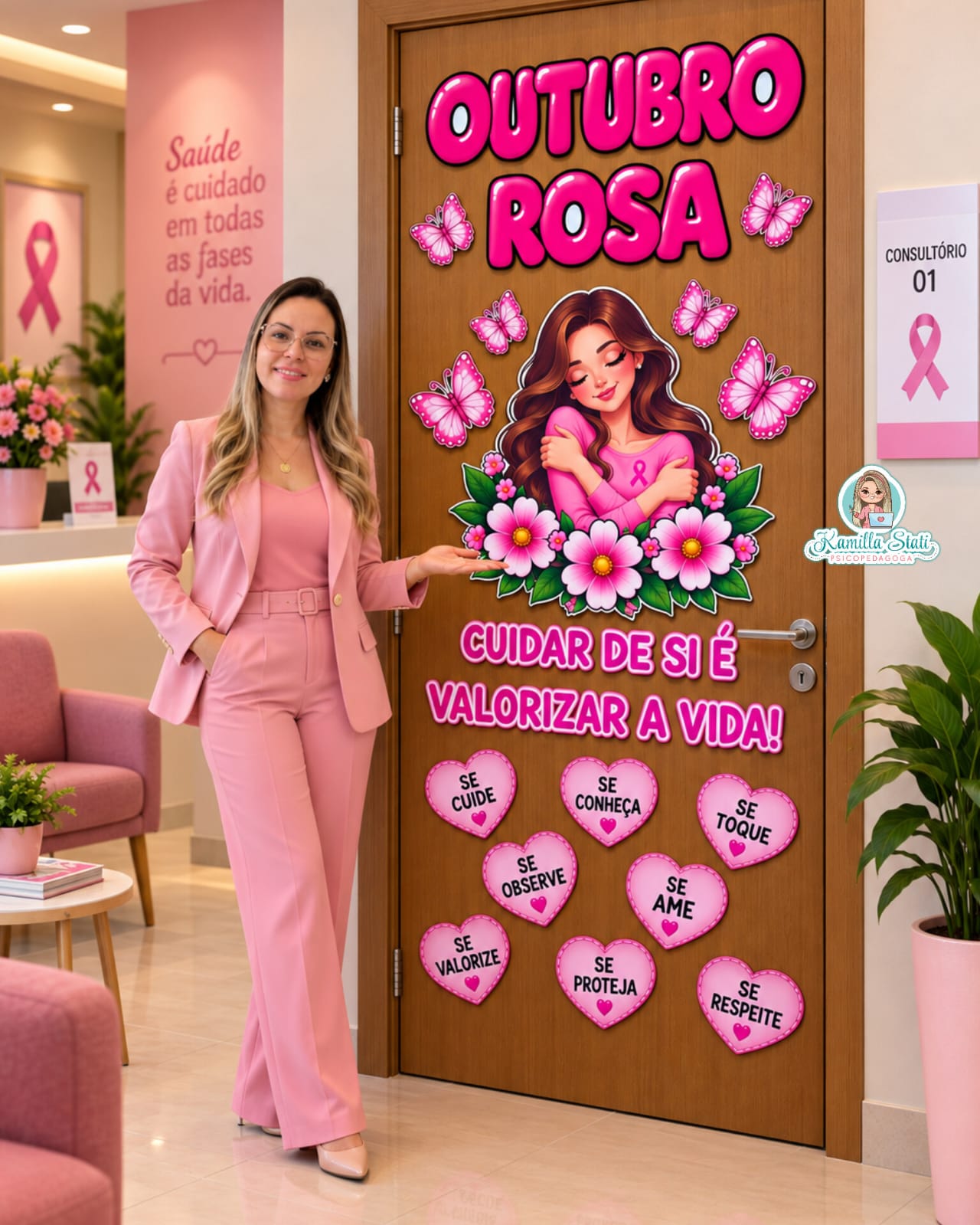 Decoração de porta Outubro rosa: cuidar de si é valorizar a vida